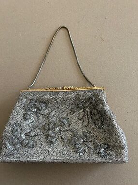 Silver Beaded Evening Bag with Floral Embellishments